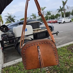 Brown Studded Leather Crossbody Bag